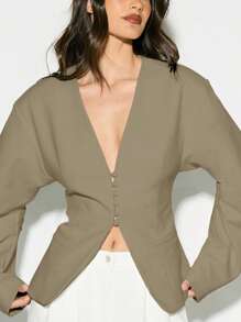 KIZN Blazer estructurado oversize con botones, de corte ajustado, para oficina, trabajo, negocios, formal, pasarela, moderno, elegante y sofisticado, para otoño - Marrón - Ver 7