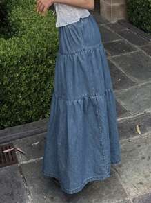 DAZY 女士弹力腰带多层荷叶边休闲牛仔中长裙 - 藍色 - 查看 5