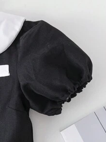 Vestido de Moda com Gola Peter Pan, Manga Bufante e Amarração na Cintura, Azul, para Meninas Pré-Adolescentes, Verão - Preto - Visão 3