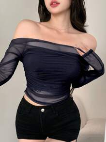 DAZY Blusa de malla elástica transparente con hombros descubiertos para mujer, para primavera/verano, ropa de vuelta al colegio, blusas de manga larga para mujer para salir - Azul Marino - Ver 5