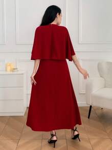 DAZY 女士酒红色连衣裙，腰部收紧，斗篷式设计，夏季红色女士连衣裙，圣诞节 - 紅色 - 查看 3