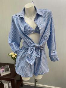 INAWLY 2 Stücke Damen Standard Größe Langarm Hemd und Shorts Set für Frühling/Sommer