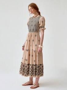 Florisole 波西米亚拼色连衣裙，夏季 - 杏色 - 查看 4