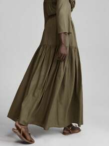 Ontre Váy suông màu trơn có dây rút eo nhún bèo cho nữ mùa hè/thu, thanh lịch cho kỳ nghỉ lễ hội âm nhạc bãi biển - màu nâu - Xem 5