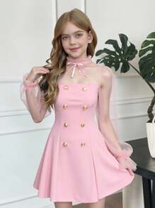 SHEIN Serisse Kids Tween Girls Contrast Mesh Flare Sleeve Bow Solid Turtleneck Long Sleeve Dress, Back-To-School, Suitable For Daily Wear, Casual Occasions, Elegant Parties, Birthday Parties Pink Dress With Sheer Sleeves Girls Pink Dress Fall Winter - Baby Pink - View 1