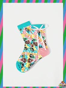 THE POWERPUFF GIRLS X SHEIN 舒适柔软花朵、泡泡、毛茛图案蝴蝶结装饰中筒袜 - 彩色 - 查看 2