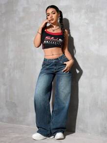 SHEIN PETITE Pantalones vaqueros anchos con pierna acampanada, bolsillos y estilo informal y holgado para mujeres - azul real - Ver 4