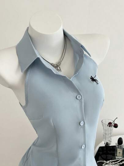 Elamini 白色无袖刺绣修身衬衫，春夏