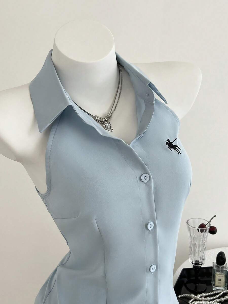 Elamini Áo cánh không tay thêu ôm vừa vặn màu trắng, Xuân/Hè - Màu xanh lam - Xem 1