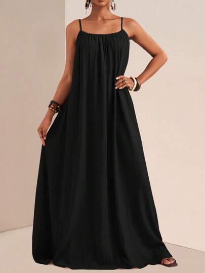 Slaydiva Plusstorlek Dam Sommar Enfärgad Plisserad Avslappnad Ärmlös Klänning