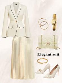 Ellevyn 女士 V 领撞色边长袖西装外套和百褶裙优雅套装，适合工作和日常穿着商务休闲女士办公室服装，适合秋冬女士搭配套装 - 杏色 - 查看 1