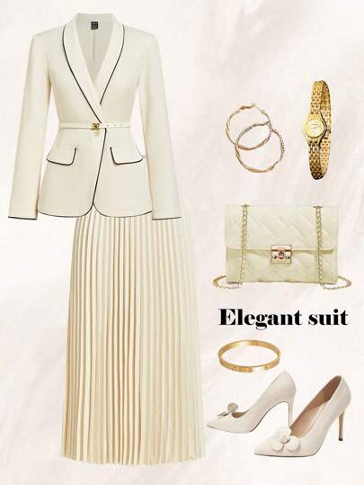 Ellevyn 女士 V 领撞色边长袖西装外套和百褶裙优雅套装，适合工作和日常穿着商务休闲女士办公室服装，适合秋冬女士搭配套装