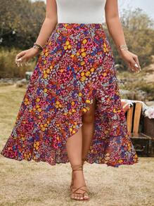 SHEIN LUNE Váy suông họa tiết hoa nhún bèo cỡ lớn cho nữ, đi nghỉ hè - Đỏ - Xem 5