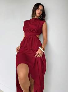 Aloruh 女士薄荷绿褶皱针织连衣裙，春夏 - 酒紅色 - 查看 5