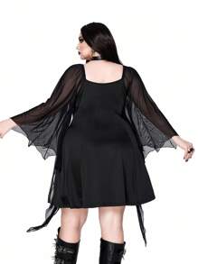 Whyspr Đầm suông tay loe lưới màu trơn cỡ lớn cho nữ - màu đen - Xem 2