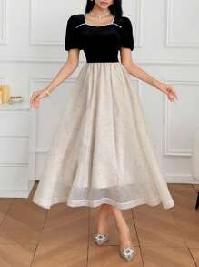 DAZY Vestido de mangas abullonadas con cuello en forma de corazón y diseño de patchwork, para primavera/verano - Negro - Ver 4