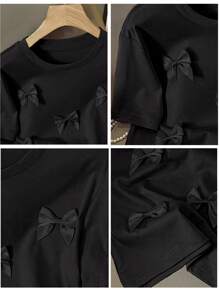 Franclia 粉色H型圆领3D蝴蝶结装饰短袖休闲T恤，女款，夏季大学服装 - 黑色 - 查看 3