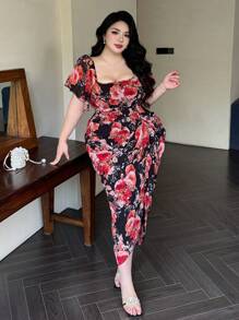 Flirla Plus Size Women Square Collar Floral Ruffle Sleeve Short Sleeve Floral Print Maxi Dress, Elegant Romantic Vacation Party Casual - Multicolor - View 3