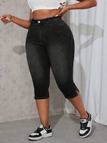 Plus Size Women Elastic Denim Capri Pants With Side Slit - Black - View 4