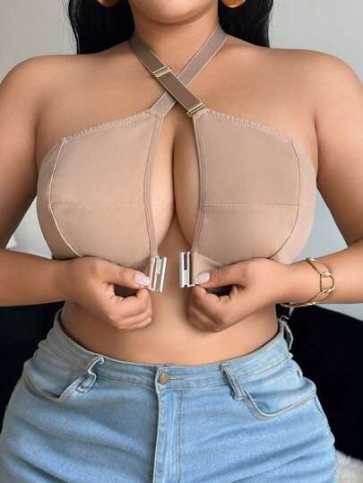 SHEIN Plus Size Front Closure Wireless Comfort Halter Bra
