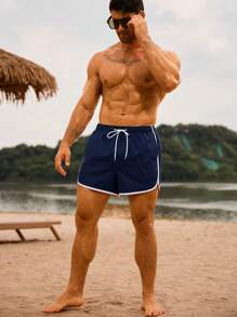 Manfinity Swimmode 男士休闲撞色饰边抽绳腰沙滩短裤，适合夏季、度假 - 藏蓝色 - 查看 2