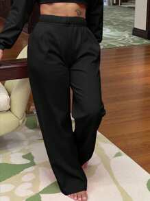 SHEIN Slayr Women's Casual Solid Color Drawstring Waist Black Sweatpants - Black - View 4