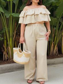 2pcs/Set Plus Size Women Cold Shoulder Blouse And Wide-Leg Pants Set - Beige - View 1
