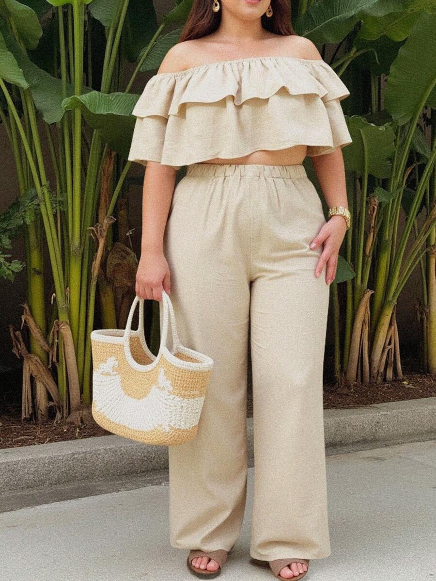 2pcs/Set Plus Size Women Cold Shoulder Blouse And Wide-Leg Pants Set - Beige - View 1