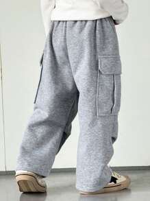 SHEIN Young Boy Casual Cute Everyday Relaxed Straight Open Pocket Sweatpants, Suitable For Trips, School, Gatherings, Autumn Winter, Back To School, Fall - Grey - View 2