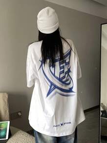 Strévra 女式宽松后背印花落肩T恤、图案T恤、返校服 - 白色 - 查看 4