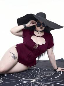 ROMWE Goth 哥特风格夏季海滩蝙蝠下摆领镂空大码女式紧身衣，酒红色 - 酒紅色 - 查看 7