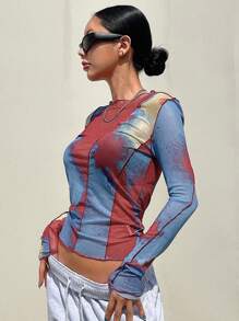 DAZY 扎染生菜边网眼上衣（无胸罩）长袖女式上衣，秋季女装 - 彩色 - 查看 5