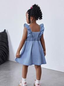 SHEIN Rochie scurtă drăguță din denim albastru pentru fete tinere, cu decorațiuni cu funde mari pe față și mâneci cu frunze de lotus, ținută boho casual de primăvară și vară, pentru vacanță la țară - Spălare ușoară - Vizualizare 7