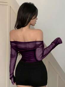 DAZY 女士弹力网纱透视紫色露肩上衣，春夏款，返校季长袖女式上衣，外出上衣 - 紫色 - 查看 2