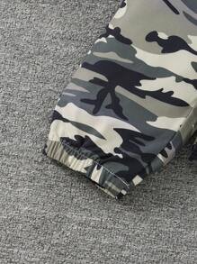 女童图案印花连帽衫搭配罗纹针织背心，街头休闲时尚 - 軍綠色 - 查看 8