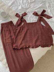 DAZY 女士简约纯色荷叶边下摆吊带背心和裤子睡衣套装，家居服 - 棕色 - 查看 9