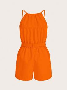EMERY ROSE Solid Belted Halter Romper For Summer - Orange - View 2