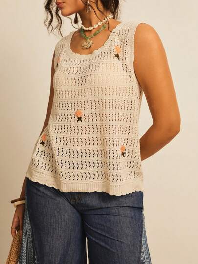 SHEIN VCAY Plus Size Women Floral Patched Sleeveless Casual Crochet Top Sheer Top Ibiza Butter Yellow See Through Top Scoop Neck Summer Beach Vacation Beach Boho Rave Country Concert Festival Brunch Beach Vacation Graduation Old Money Cute Summer Tops Going Out Tops Women Summer Bottoms Concert Tops