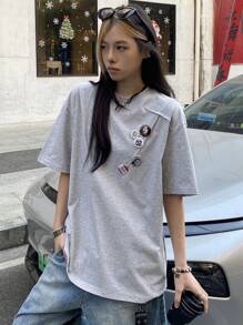 DAZY Kaos Wanita Polos Minimalis Kasual Kerah Bulat Longgar, Kaos Bergambar - Grey - View 3