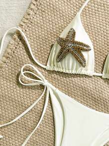 Swim Vcay 女士海星和贝壳水钻装饰比基尼上衣和侧系带比基尼下装高级两件套泳衣套装 - 米色 - 查看 4