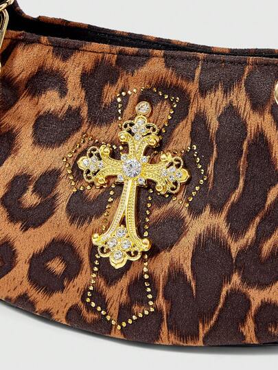 Grunge Punk Fashionable Leopard Print & Cross Decor Chain Strap Women Handbag
