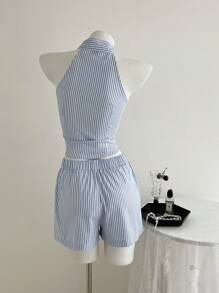 Elamini 2 件女式条纹印花无袖领绣花衬衫和松紧腰休闲短裤套装，春夏 - 藍白色 - 查看 4
