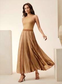 Anewsta 女士优雅褶皱亮片针织裙，适合节日、春季、商务休闲、端庄、老派风格 - 咖啡棕 - 查看 7