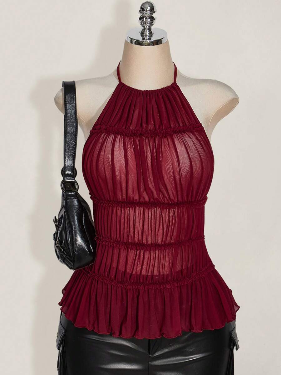 SHEIN ICON 加大码露背网眼透视上衣，Y2K 性感露背露背上衣，适合夏季、约会、外出上衣女士 - 酒紅色 - 查看 1