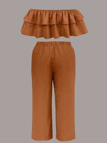 Set de 2 piezas de top con hombros descubiertos y pantalones de pierna ancha de talla grande para mujer - Óxido marrón - Ver 2