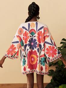 Travachic 波西米亚风印花长款衬衫，落肩袖设计，适合新年、婚礼宾客、优雅毕业典礼、休闲场合和秋季穿着。 - 彩色 - 查看 2