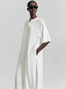 Ontre 2025 New Commuting OL, Women's Casual Loose All-Match Versatile Striped Long Dress - White - View 6