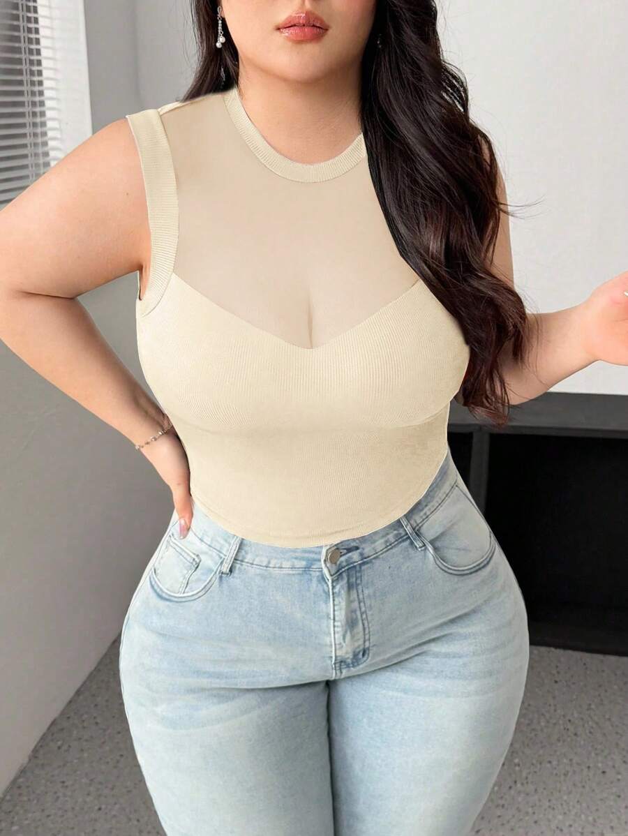 Vibekara Áo thun lưới xuyên thấu gợi cảm màu đen dành cho người có thân hình đầy đặn - Màu be - Xem 1