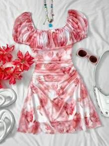 SHEIN 少女春夏/情人节/梦幻粉色碎花连衣裙/度假/节日/复古/沙滩/大海/优雅/女童连衣裙/波西米亚/波西米亚风服装/女童太阳裙 - 粉色 - 查看 1