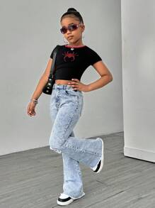 Sparklyn Teen Girls Washed Ripped Skinny Jeans, Casual Minimalist Style, Light Blue Denim Tween Girls Flare Leg Jeans Baggy Jeans Y2k, School, Campus, College Fall Winter - Light Wash - View 6